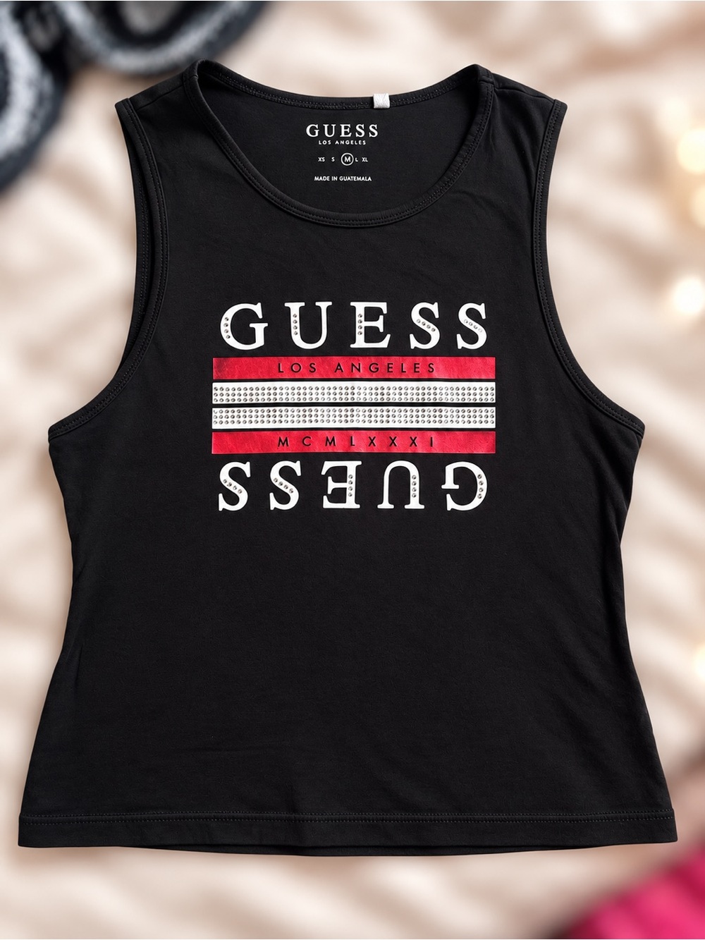 GUESS Black Tank Top with White Logo and Red Stripes